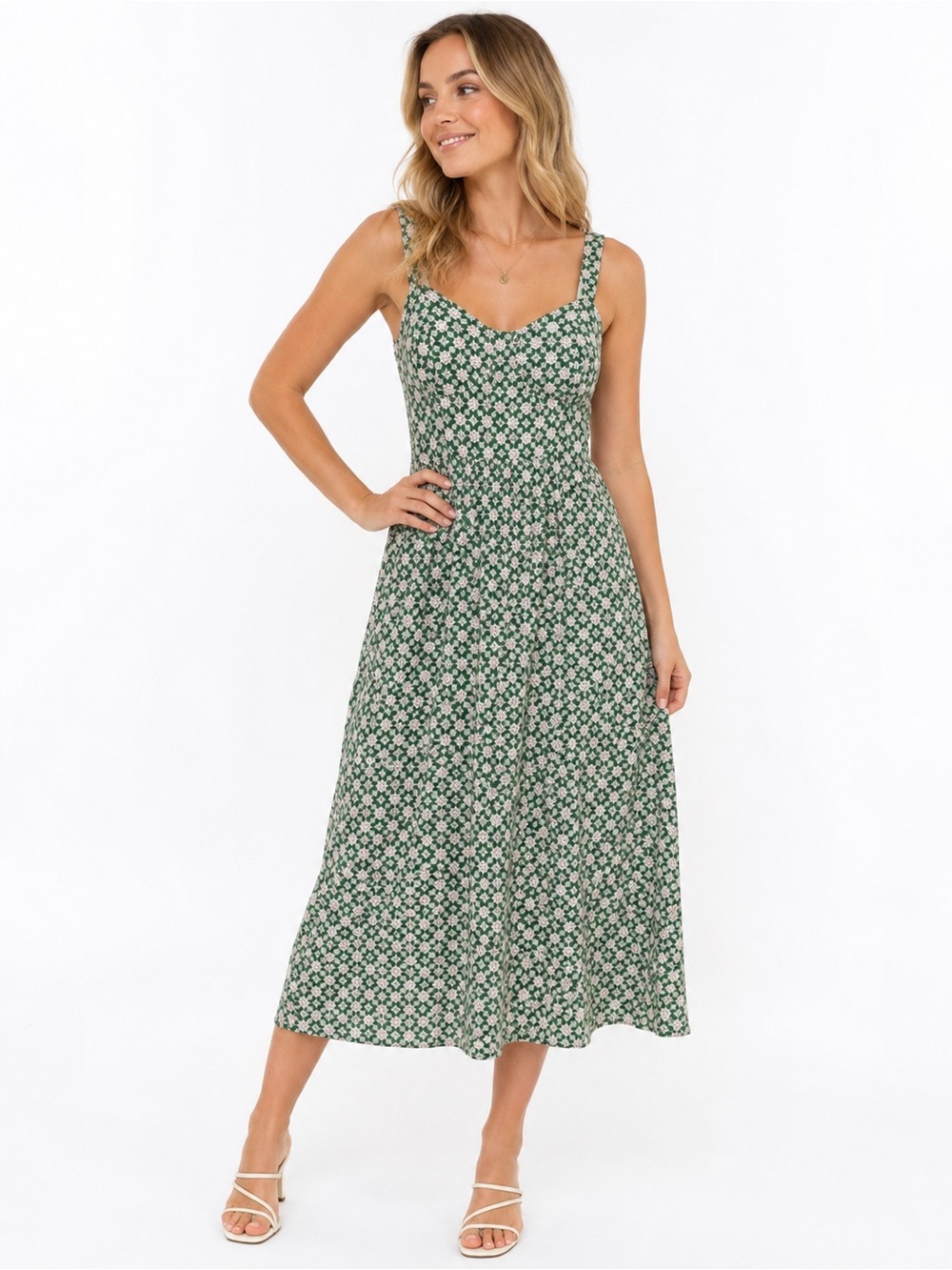 AS U WISH Green Floral Midi Dress XL Cottagecore Rayon Sundress Tie 2 Ways